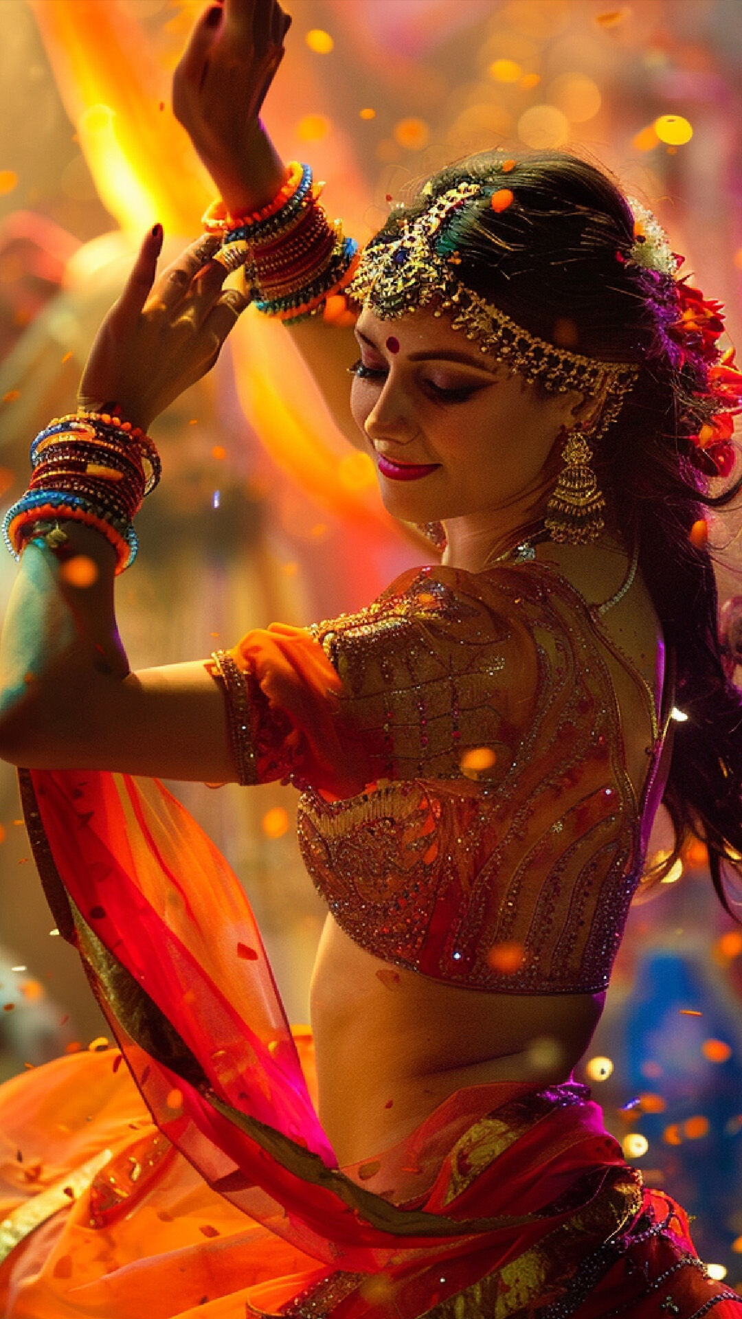 Beautiful woman performing Garba dance in traditional Navratri attire with jewelry and bangles